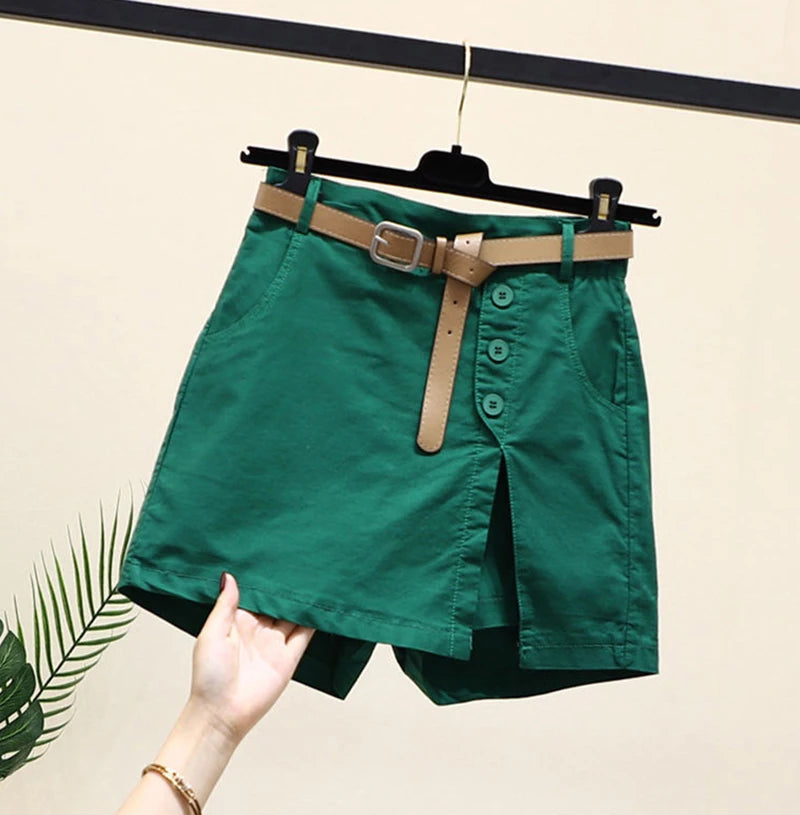 Women 100% Cotton Shorts Korean Casual Patchwork Belt Pockets Solid Button Fashion New All Match Summer Female Chic Shorts