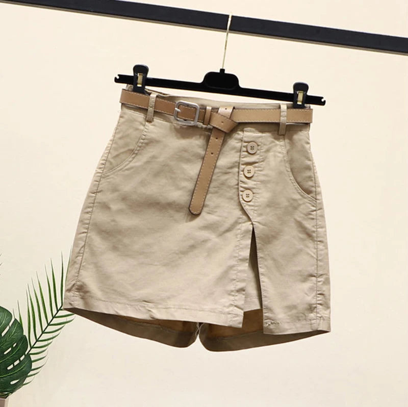 Women 100% Cotton Shorts Korean Casual Patchwork Belt Pockets Solid Button Fashion New All Match Summer Female Chic Shorts