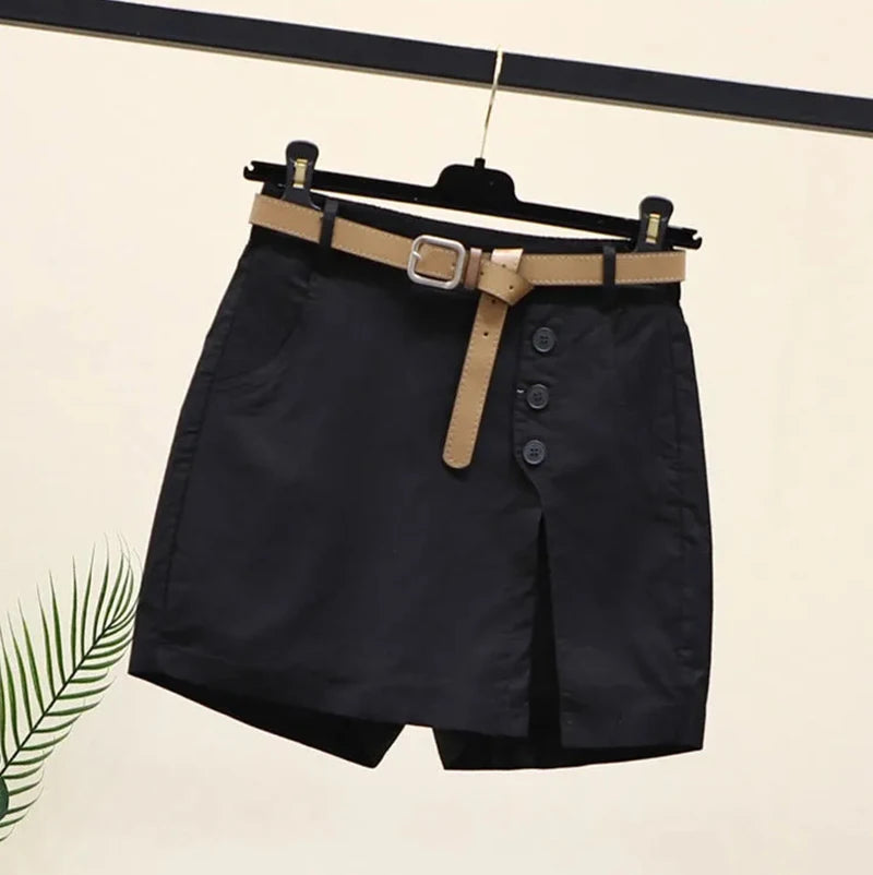 Women 100% Cotton Shorts Korean Casual Patchwork Belt Pockets Solid Button Fashion New All Match Summer Female Chic Shorts