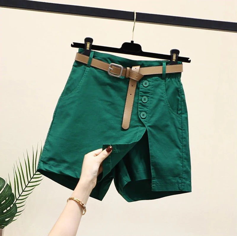 Women 100% Cotton Shorts Korean Casual Patchwork Belt Pockets Solid Button Fashion New All Match Summer Female Chic Shorts