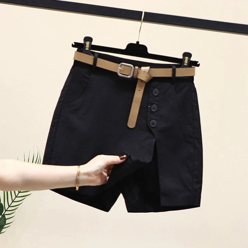 Women 100% Cotton Shorts Korean Casual Patchwork Belt Pockets Solid Button Fashion New All Match Summer Female Chic Shorts