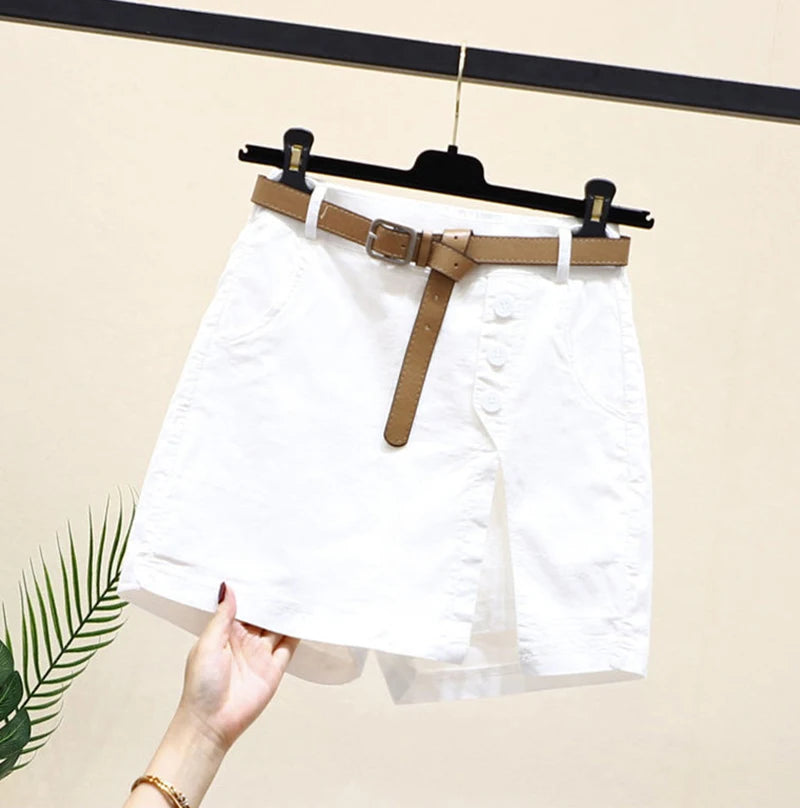 Women 100% Cotton Shorts Korean Casual Patchwork Belt Pockets Solid Button Fashion New All Match Summer Female Chic Shorts