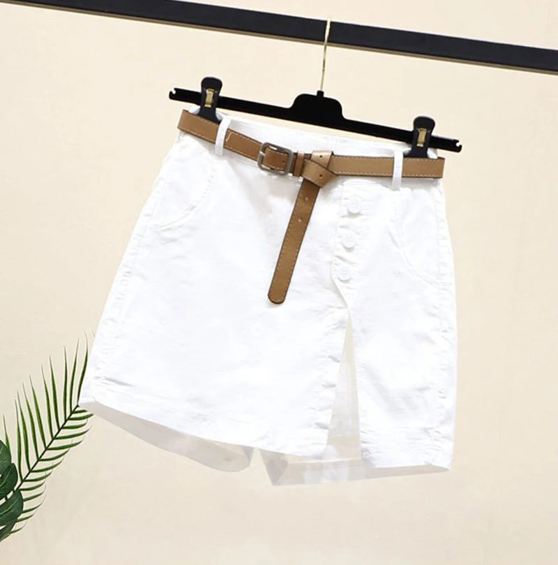 Women 100% Cotton Shorts Korean Casual Patchwork Belt Pockets Solid Button Fashion New All Match Summer Female Chic Shorts