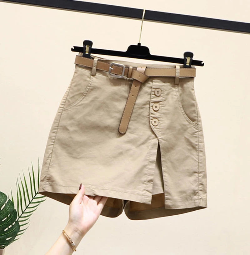 Women 100% Cotton Shorts Korean Casual Patchwork Belt Pockets Solid Button Fashion New All Match Summer Female Chic Shorts