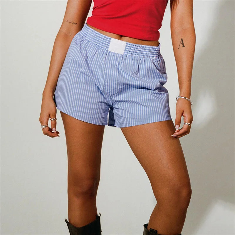 y2k Aesthetic 2000s Shorts Clothes Women Striped Elastic High Waist Loose Short Trousers Casual Hot Pants Streetwear 2024