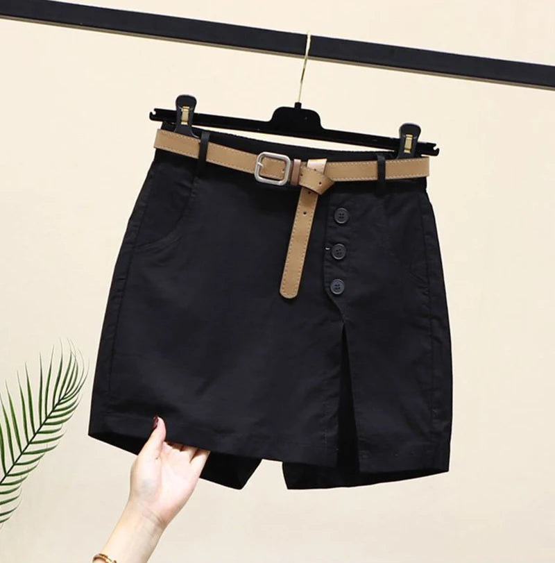 Women 100% Cotton Shorts Korean Casual Patchwork Belt Pockets Solid Button Fashion New All Match Summer Female Chic Shorts