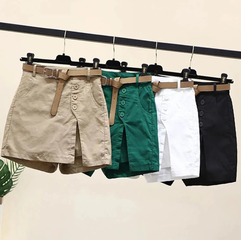 Women 100% Cotton Shorts Korean Casual Patchwork Belt Pockets Solid Button Fashion New All Match Summer Female Chic Shorts